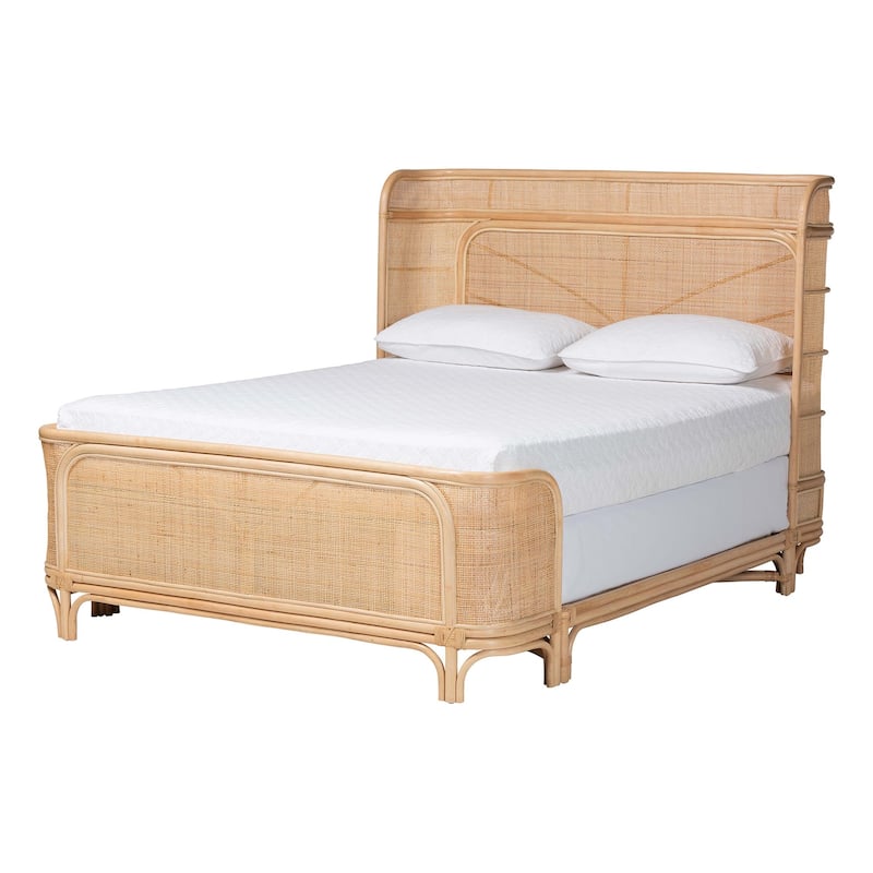Fiore Natural Rattan Bed Frame - Handwoven Wicker Headboard and Footboard with Curved Corners, Boho Coastal Furniture, Queen - Natural