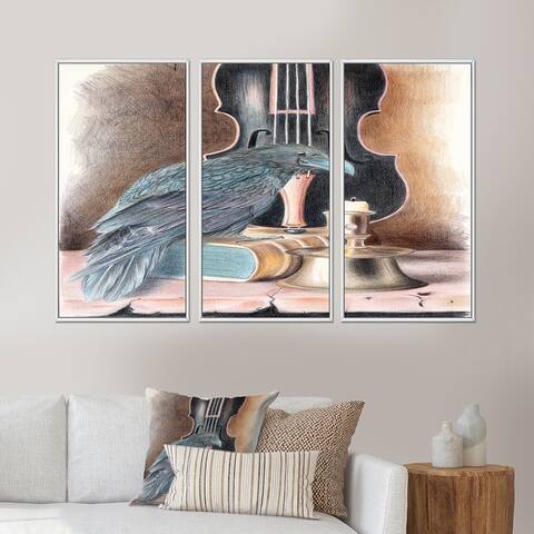 Designart "Raven On A Book With Violin I" Bohemian & Eclectic Framed Wall Art Set of 3 - 4 Colors of Frames