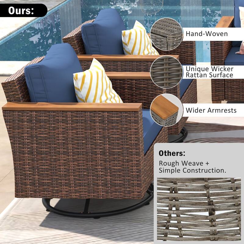 8-Piece Outdoor Patio Wicker Conversation Sofa Set with 2 Swivel Rocking Chairs and Acacia Storage Table
