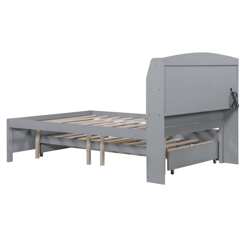 Wooden Platform Bed with Pull Out Trundle Bed and Drawers, All-in-One LED Headboard with Charging Station and Flip Up Storage