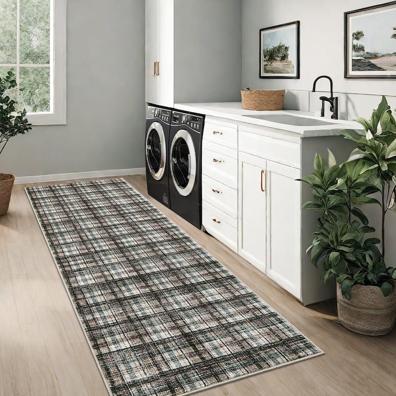 Garvee Timeless Check Washable Area Rug - 2'x6' - Blue-green/Brown