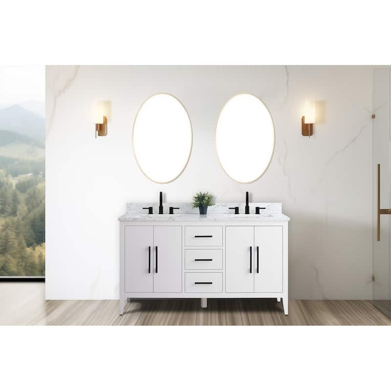 Vanity Art 60" Double Sink Bathroom Vanity Cabinet with Engineered Marble Top - 60"/Matte Black Handle - White