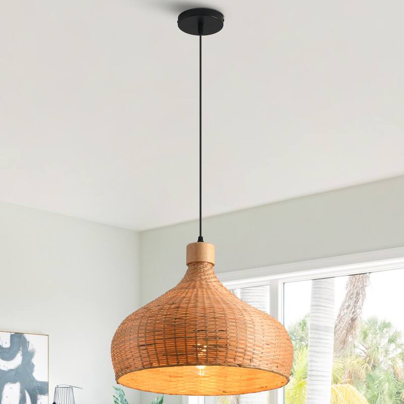 1-Light Retro Brown Handmade Bamboo Woven Dome Hanging Pendant Light - 17.7" W x 59" H