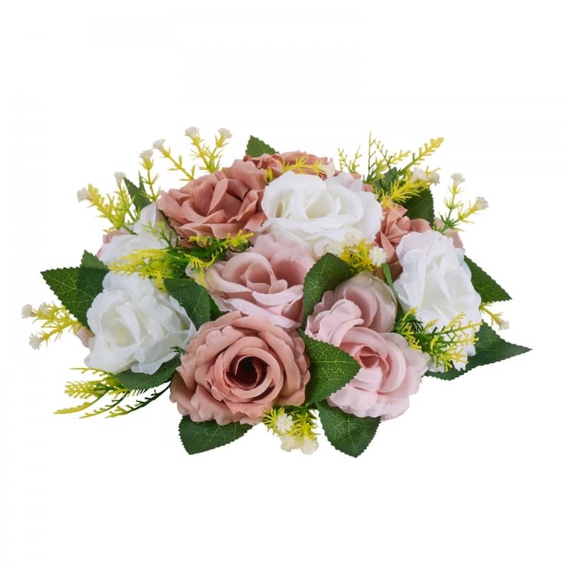 White-Pink Silk Flower Balls Set of 10 with Plastic Stem Bases - 9.4 x 9.4 x 4.7 inch