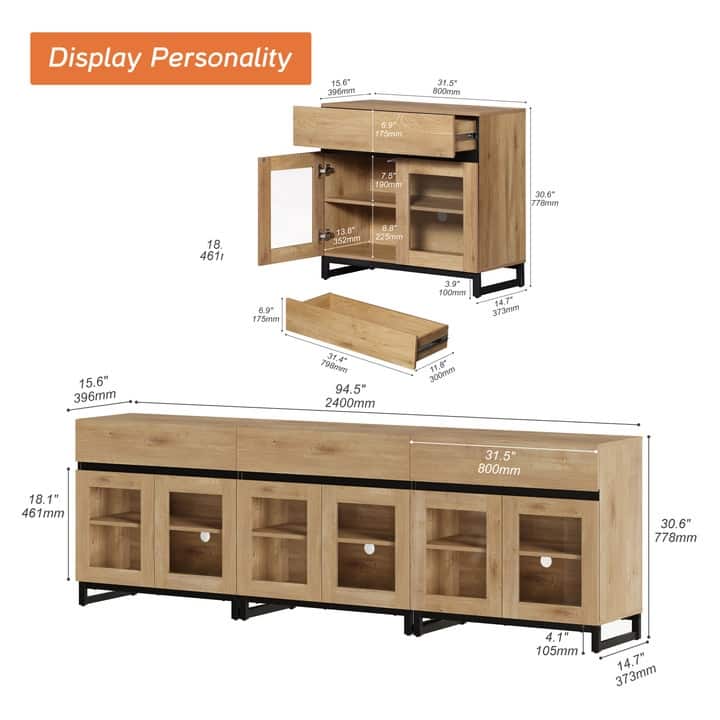 WAMPAT Modern TV Stand with Glass Doors for 110 inch TVs, Entertainment Center Console with 3 Drawers and Metal Base