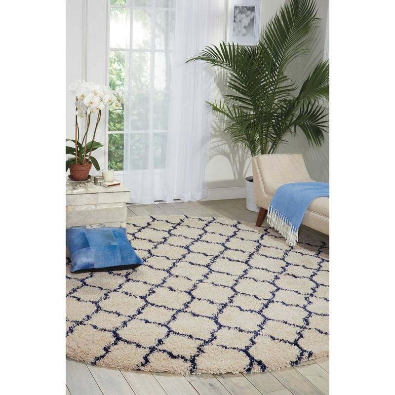 Nourison Amore Shag Area Rug - Ivory/Dark Blue - 7'10" Round - Round