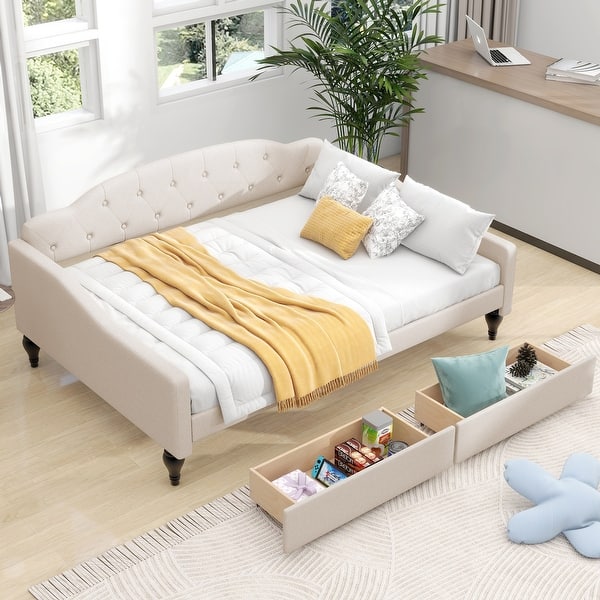 slide 2 of 11, Full Size Upholstered Tufted Daybed with 2 Storage Drawers, Children Room Guest Room Sofa Bed Wood Slats Support, Beige Beige