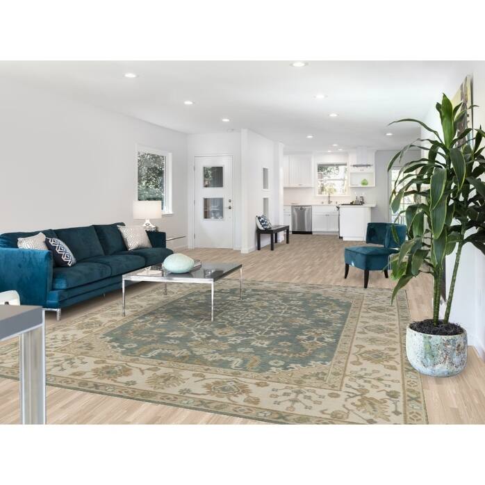 Floral Oushak Indian Area Rug Hand-Knotted Blue Wool Carpet - 8'2" x 10'0"