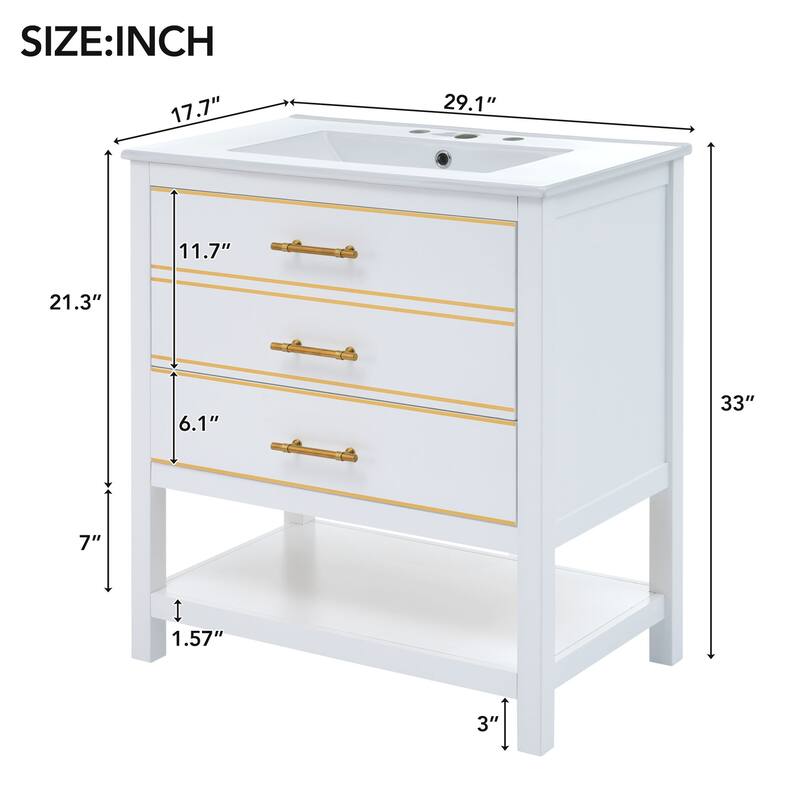 Modern Bathroom Vanity Cabinet with Sink, Open Storge & 2 Drawers