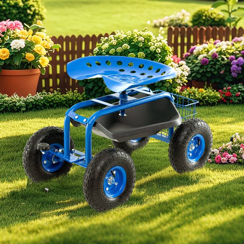Gymax Cart Wagon Rolling Work Seat w/ Tool Tray Basket Planting Patio
