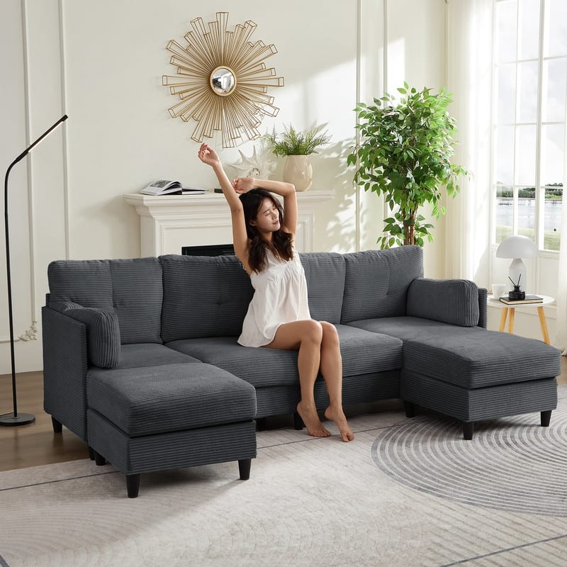 Mixoy W89inch U-Shaped Corduroy Sectional Sofa with Reversible Ottoman,Upholstered 4-Seater Sofa