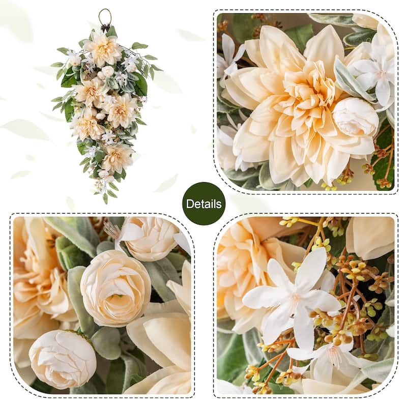 Glitzhome Peach Dahlia Floral Wreath Teardrop Garland