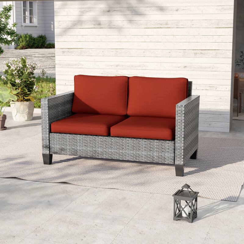 Livoosun Patio Loveseat Sofa Outdoor Wicker Couch, 2-Seater Furniture with High Back and Removable Cushions
