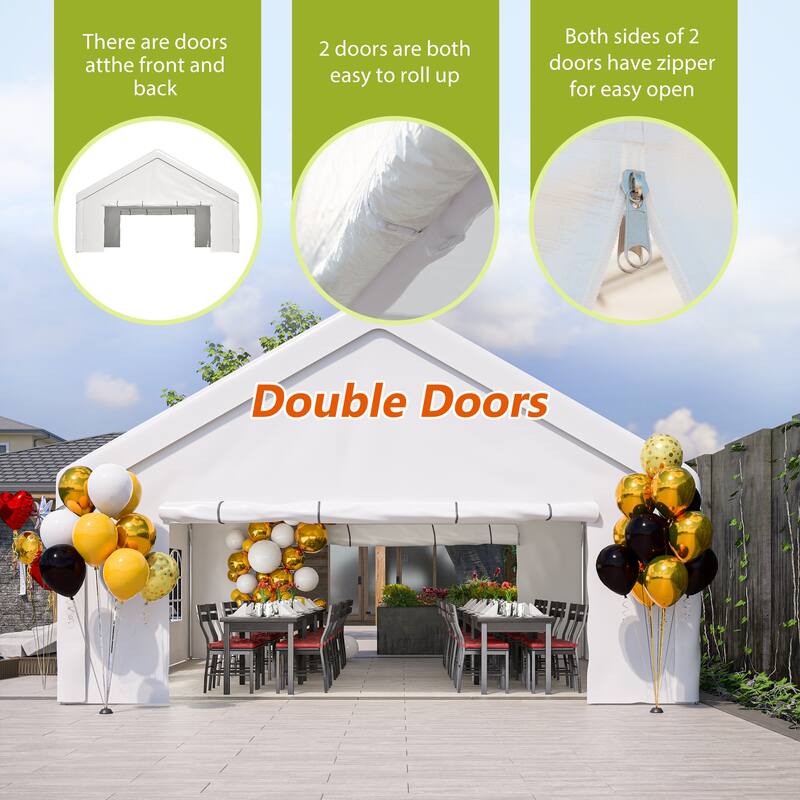 Large White Event Canopy Tent with Zipper Doors and Waterproof PE Cover for Backyard or Gatherings
