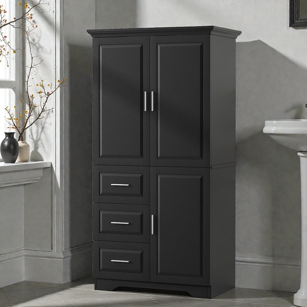 Tall Wide Storage Cabinet with Doors and 3 Drawers, Bathroom Pantry Organizer with Adjustable Shelves and Anti-Tipping Design