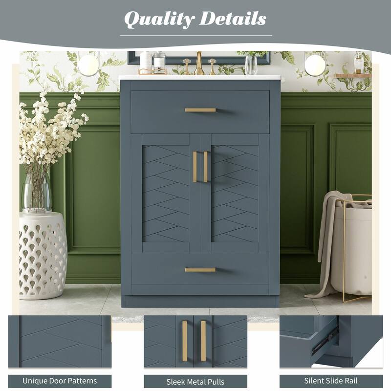 24" Bathroom Vanity with Integrated Ceramic Sink, Cabinet with 2 Doors, 1 Tip-out Drawer