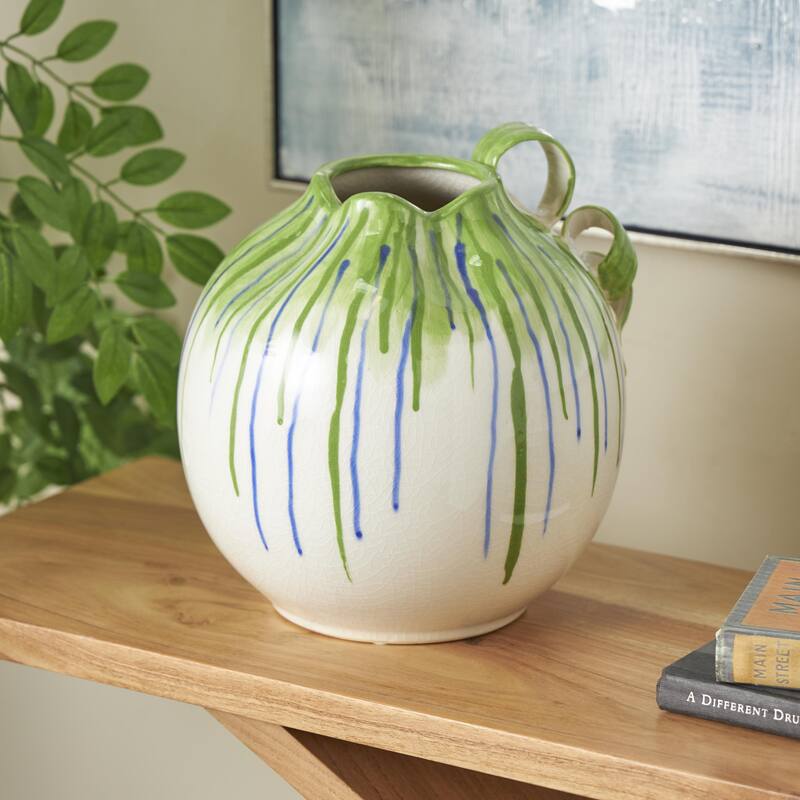 White Ceramic Abstract Decorative Vase with Green and Blue Drip Design and Handle - White - 11"W, 11"H