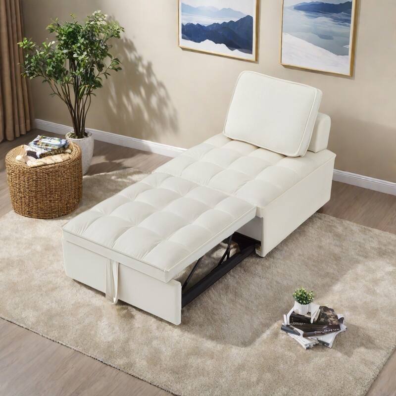 Velvet Convertible Chair Bed with Removable Back and Recliner Function - White