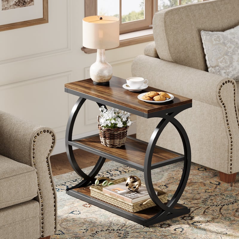 Narrow End Table with 3 Storage Shelves, Small Side Table for Living Room, Small Spaces, Rustic Brown