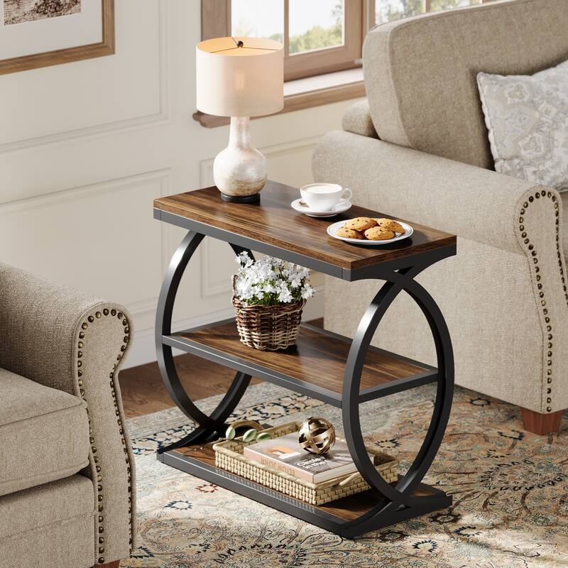 Small 3-Tier End Table for Living Room, Industrial Wooden Side Table with Metal Frame, Rustic Brown