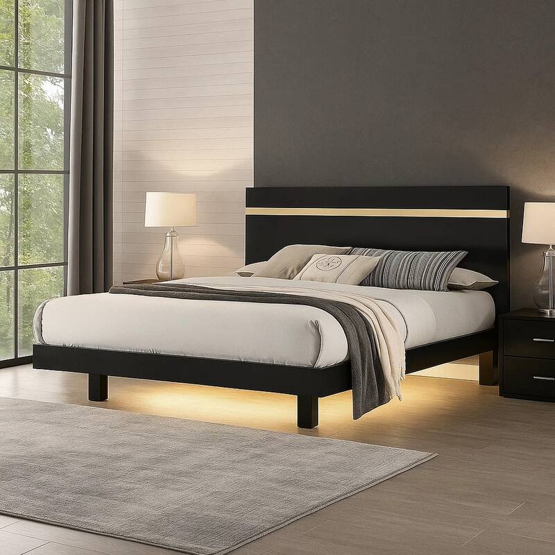 Yoki King Size Bed w Underbed LED, Acrylic Gold Trim, Black Frame