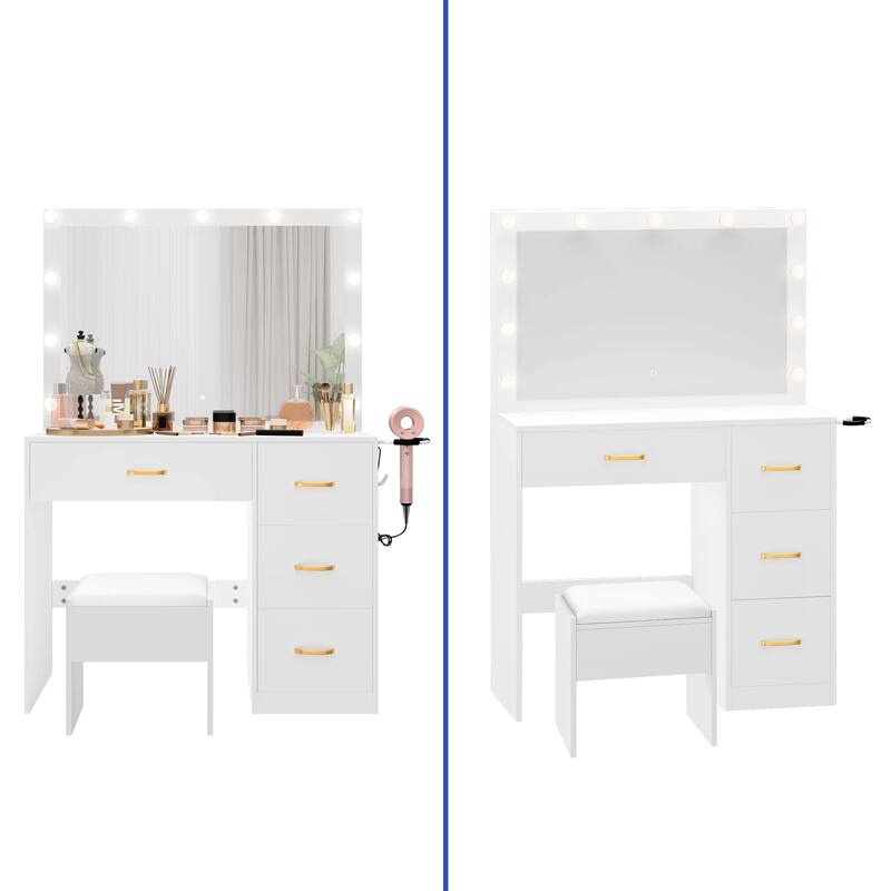 Moasis 35.4" Mirror Makeup Vanity Table with Stool and Light Bulb - 35.4''L x 15.7''W x 53.5''H