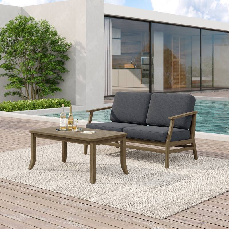 Teak Wood Patio Outdoor Loveseat Sofa and Coffee Table Set