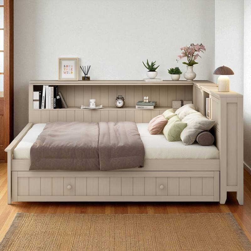 Full Size Wood Daybed with Storage Shelves, Sliding Door Cabinet and Twin Trundle in Antique White Milk