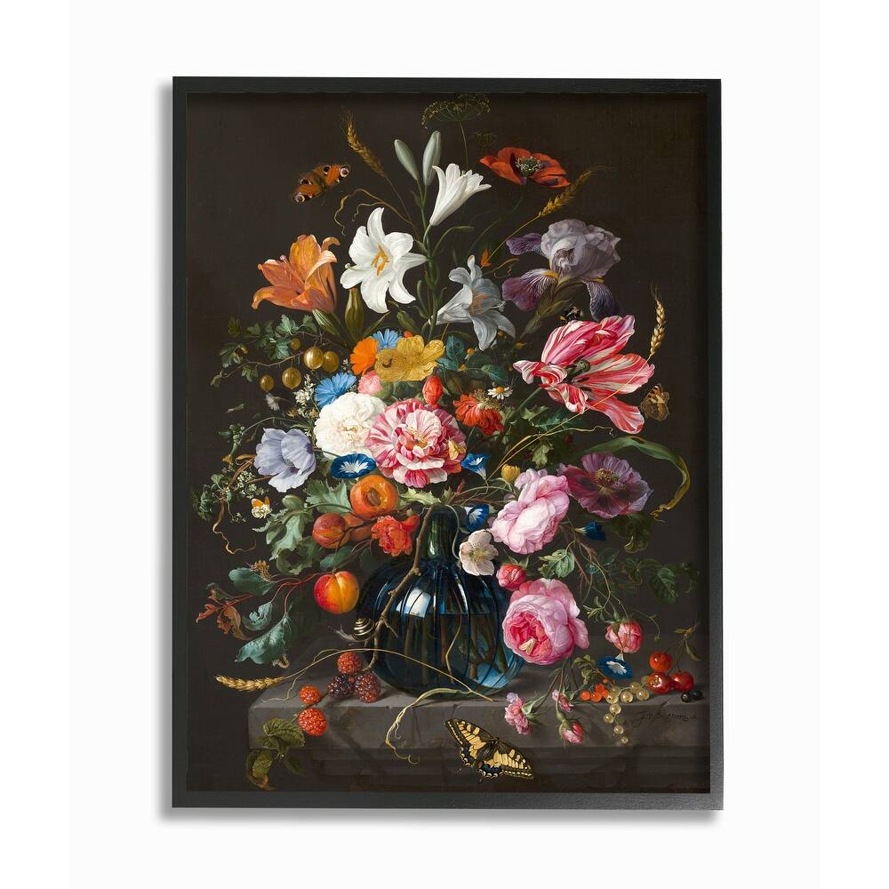 Stupell Elegant Floral Bouquet Butterfly and Fruit Details Framed Wall Art - Grey