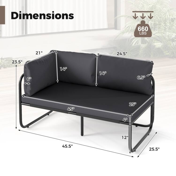 Grey-Black Metal Fabric Outdoor Loveseat with Cushions Patio Seating - 45.5" x 25.5" x 23.5"