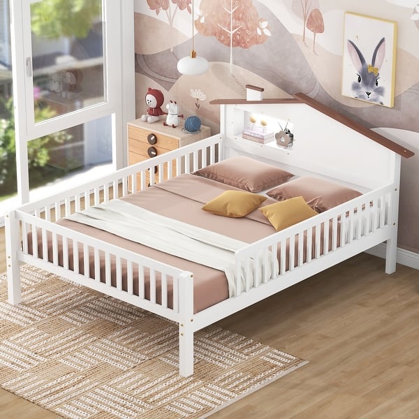 slide 2 of 12, Full Size Wood Platform Bed with House-shaped Headboard, LED and Built-in Storage White