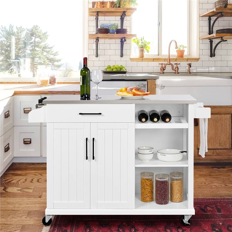 Yaheetech Rolling Kitchen Cart with Stainless Steel Top and Storage - White