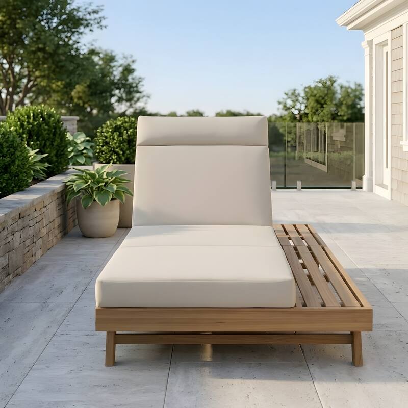 Outdoor Patio Lounge Chair, Adjustable Recliner with Headrest and Retractable Side Tray - Beige Light Brown