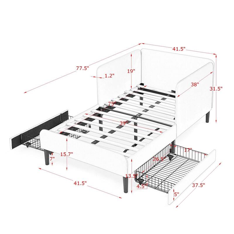Twin Size Upholstered Platform Bed with 2 Storage Drawers, Adjustable Velvet Sofa Bed