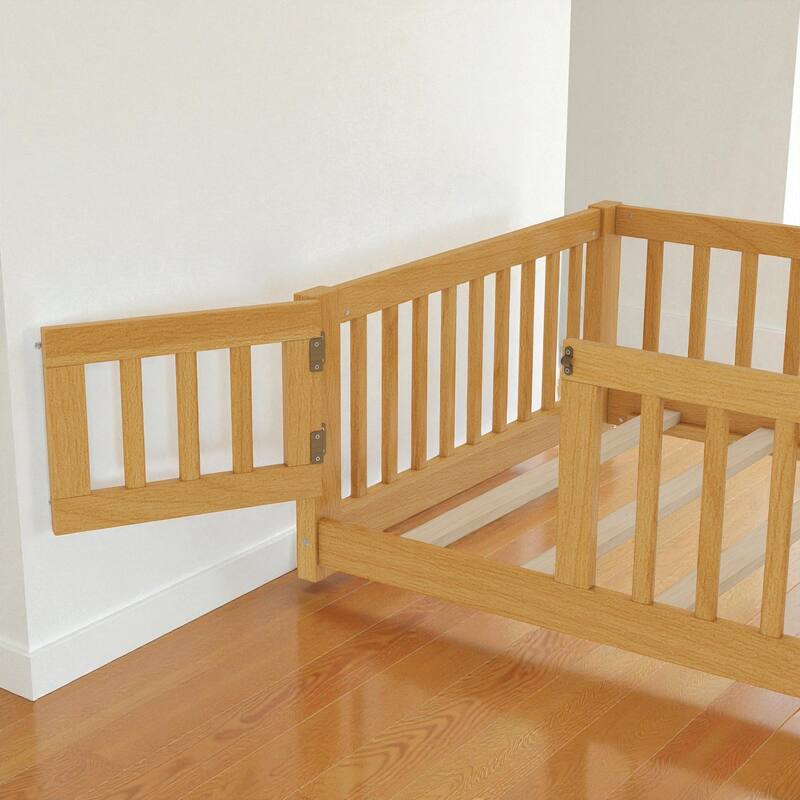 Twin/Full/Queen Size Wood Floor Bed with Door and Guardrails for Kids, Montessori Bed with Removable Slats
