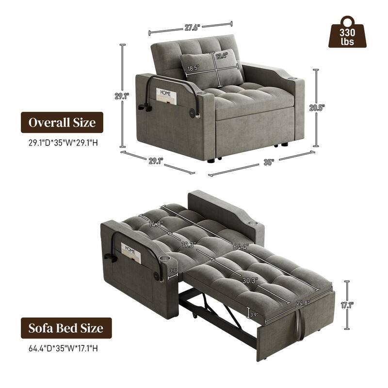 Ouyessir 3 in 1 Multi-Functional Convertible Single Sleeper Sofa Bed for Small Living Spaces