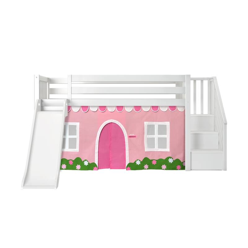 Max and Lily Classic Twin Low Loft with Stairs, Easy Slide and Curtain