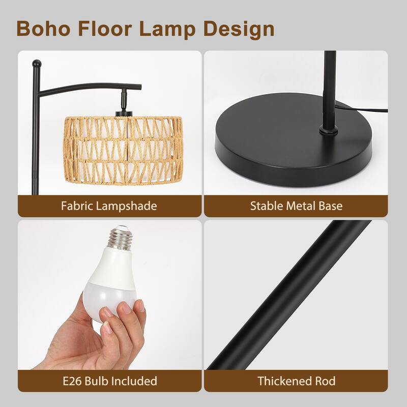 Netin 66" Boho Rattan & Fabric Shades Floor Lamp, Adjustable 3 Color Temperatures with Remote - Black