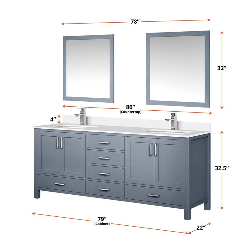 Jacques 80 in. W x 22 in. D Dark Grey Double Bath Vanity, White Quartz Top, and 30 in. Mirrors