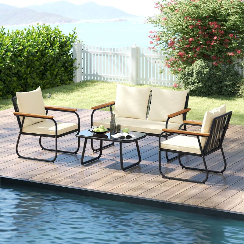 4 Piece Black Rattan Metal Patio Set with Off White Cushions and Wood Arms - 31" x 19" x 15"