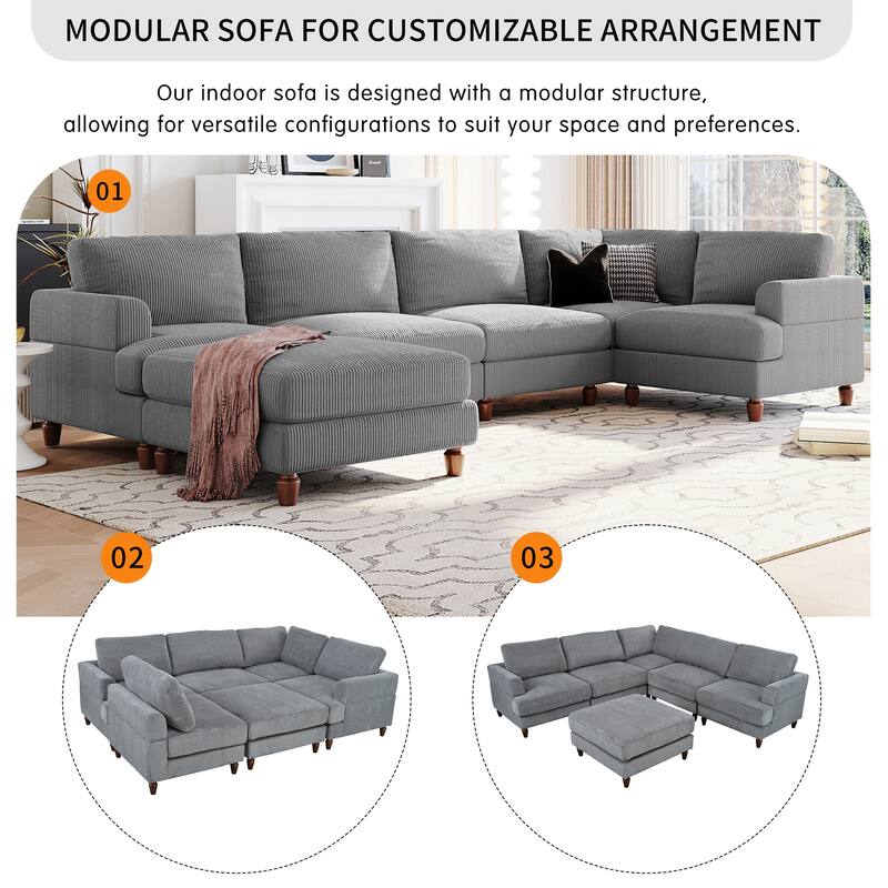 L Shaped Modular Sectional Sofa with Ottoman, Corduroy Upholstered Sleeper Sofa Bed, Corner Sectional Couch with Wooden Legs