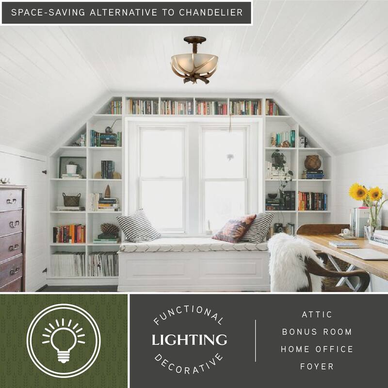 Yoho 12-in W Bronze Rustic Antler Bowl Semi Flush Mount Ceiling Light Cream Glass - 12-in W x 11-in H x 12-in D