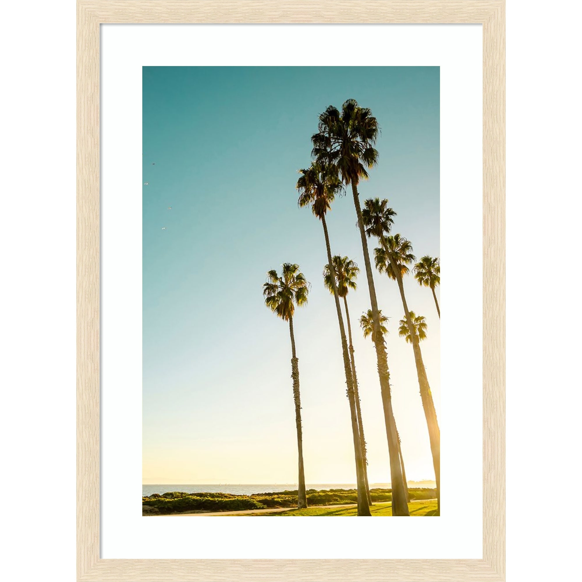 Palms and Ocean by Elena Chukhlebova Wood Framed Wall Art Print - Woodgrain Stripe Blonde
