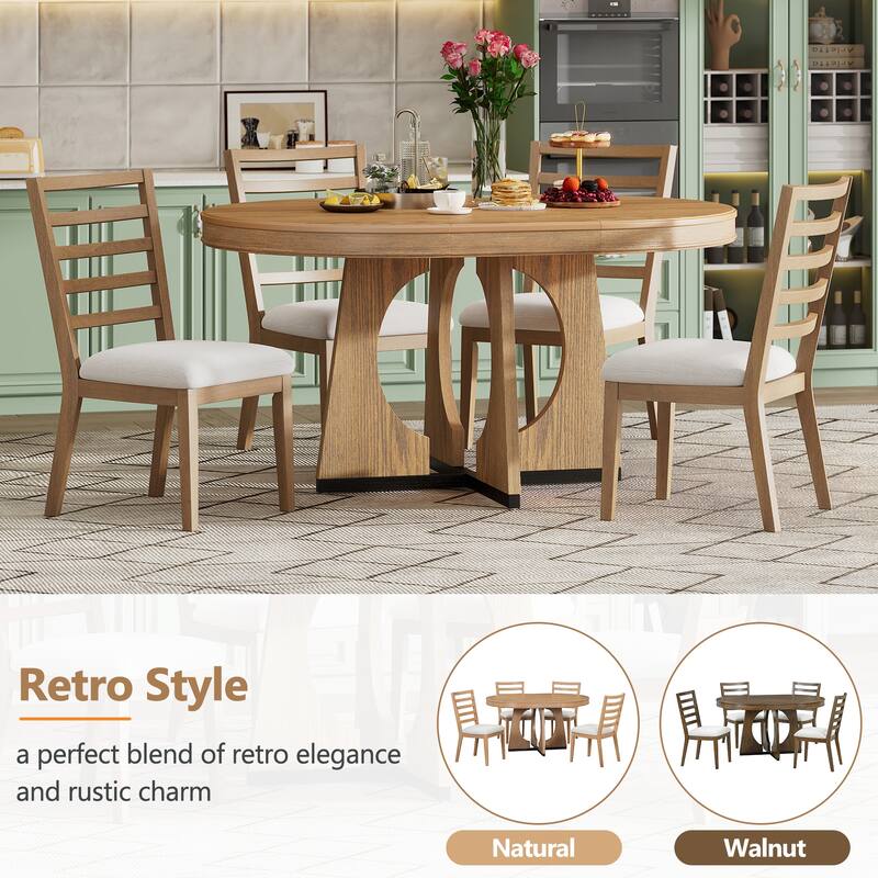 5 Piece Dining Table Set, Extendable Dining Table Set, Round Table with Wooden Tabletop and 4 Upholstered Chairs