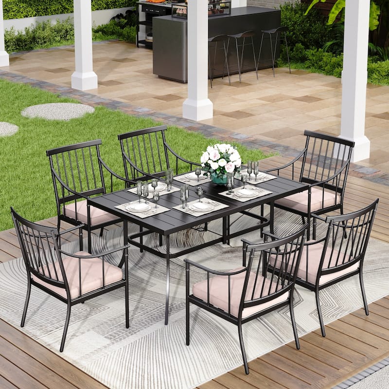 MAISON ARTS 7-Piece Patio Dining Set Steel Panel Table & 6 Dining Arm Chairs - Fixed Chairs