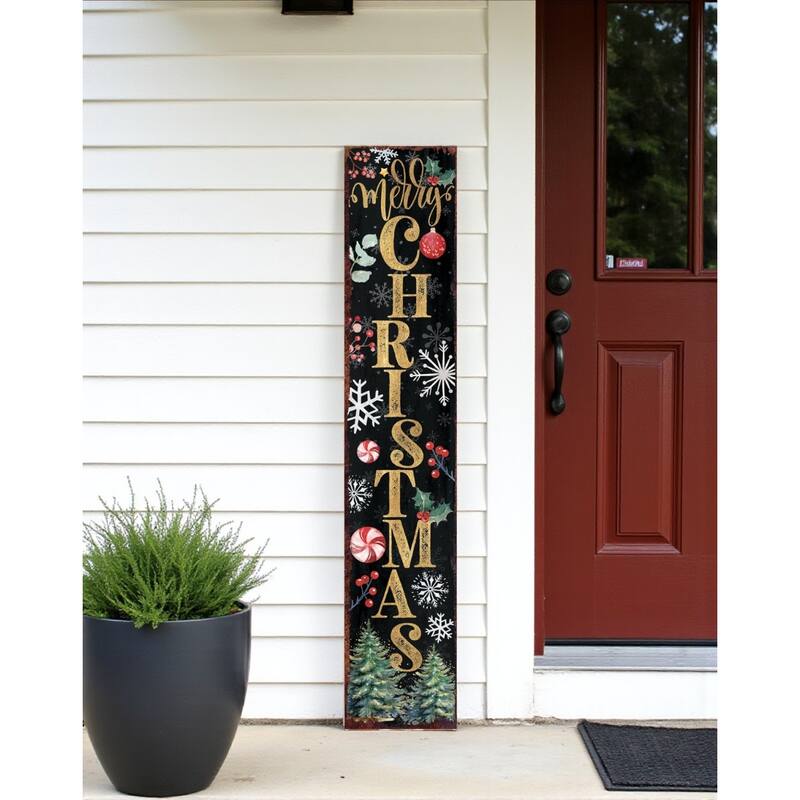 HomeRoots 48" Black Gold Green And Red Solid Wood Merry Christmas Porch Sign - Green/Gold/Black - Wood