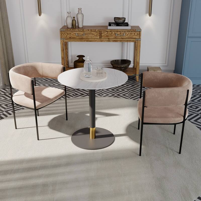 Vail 27" Round Solid Wood Top Dining Table with Black Stainless Steel Pedestal Base and Accent Gold Kitchen Table