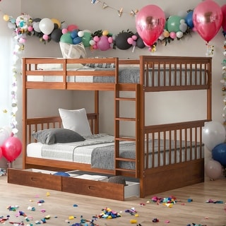 Modren Full over Full Wood Bunk Bed With Ladders and Two Storage Drawers,Solid Construction For Bedroom