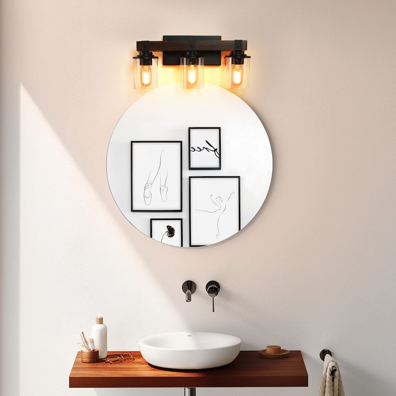 19" Rustic 3-Light Vanity Light, Industrial Bathroom Wall Sconce with Glass Shades and Wood Accent (No Bulbs) - Walnut - Walnut