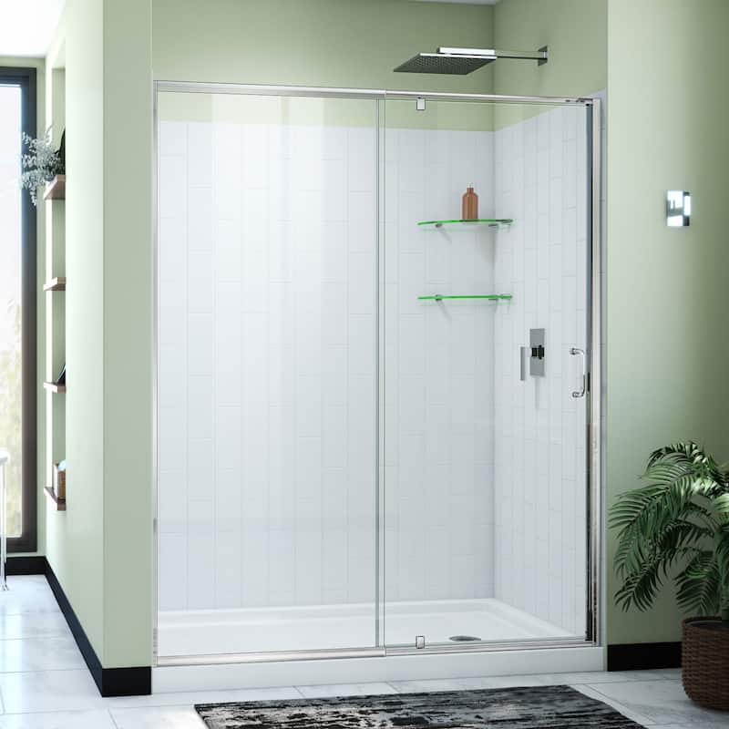 DreamLine Flex 34 in. D x 60 in. W x 78 3/4 in. H Pivot Shower Door, Base, and White Wall Kit in Chrome